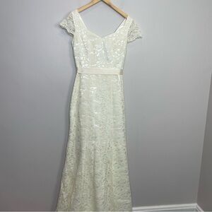 Lace White Ivory Maxi V-Neck Cap Sleeve Wedding Dress Bridal Summer Gown 12 NWOT